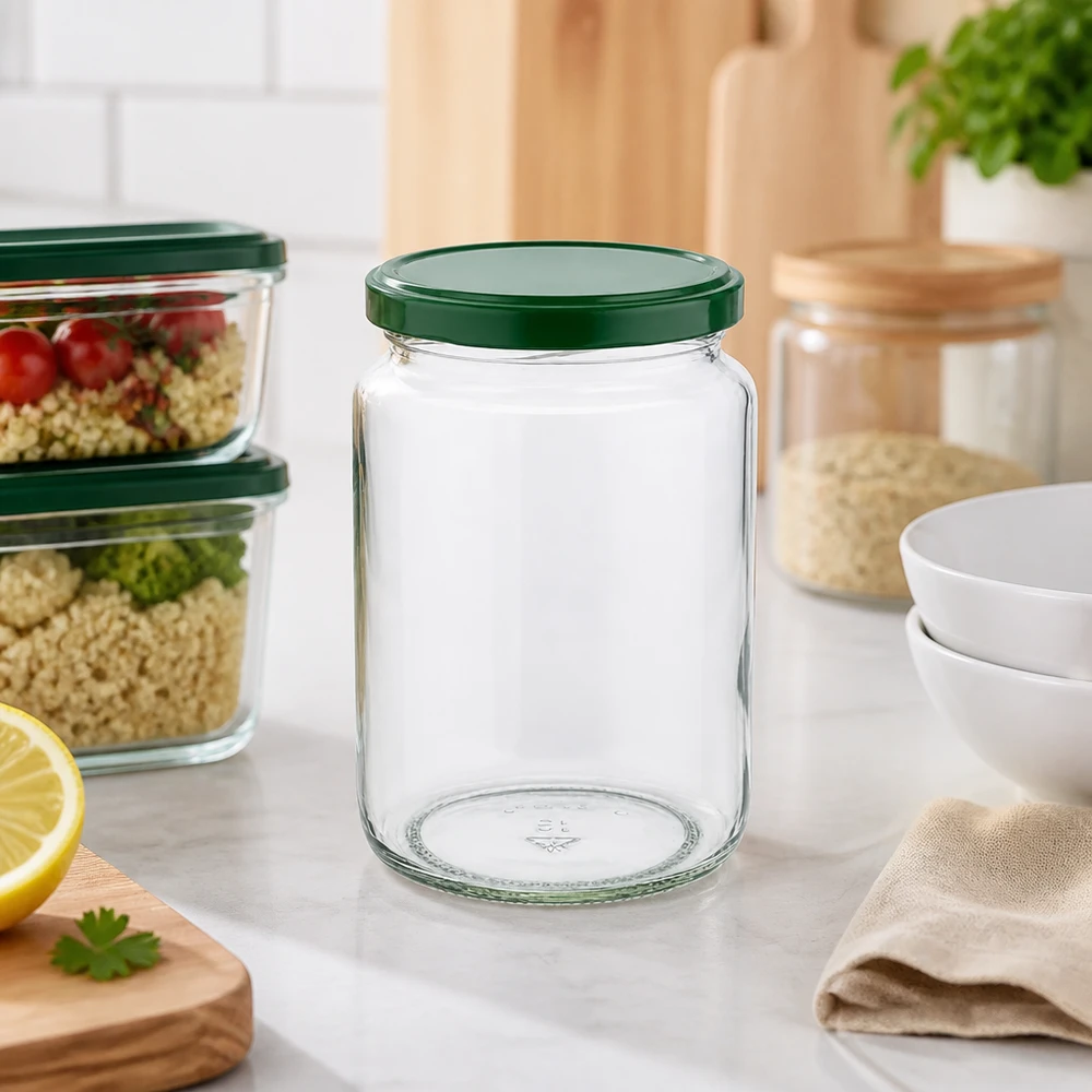 795ml rond glas met BasicSeal deksel groen UNiTWIST 795 ml ronde pot UNiTWIST leeg met groen BasicSeal deksel in moderne keukens naast maaltijdverpakkingsdozen en voorraadpotten