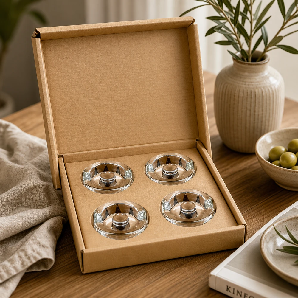 Fermentatieglasgewichten met verzonken greep, set van 4 UNiTWIST Fermentier-Glasgewichte 4er Set in stilvoller Kartonbox auf Holztisch neben Olivenschale und Keramikvase