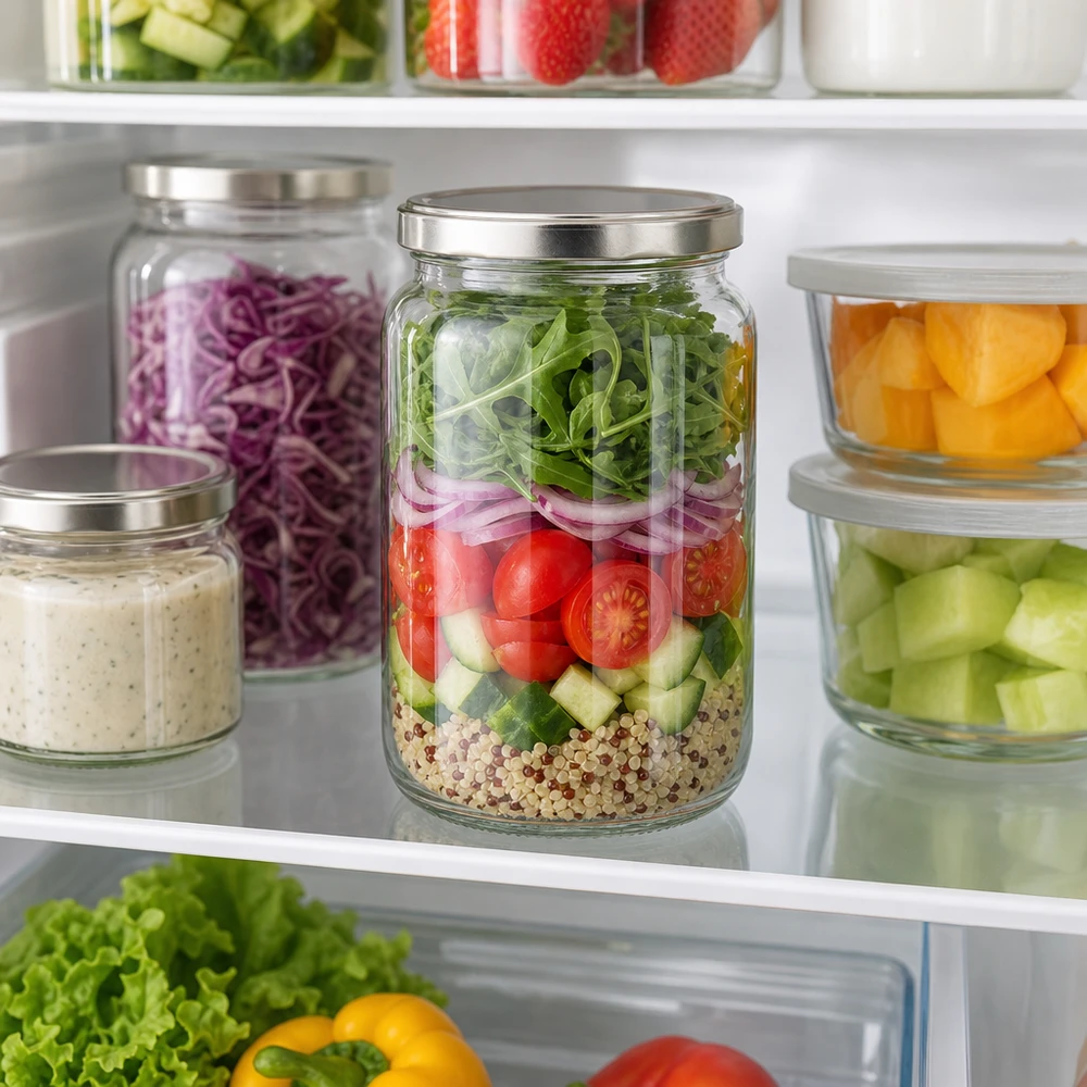 795ml rond glas met BasicSeal deksel zilver UNiTWIST 795 ml ronde pot met zilveren BasicSeal deksel als maaltijdcontainer in de koelkast gevuld met gelaagde salade