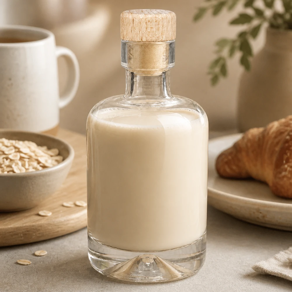 50 ml glazen fles Amelie met houten handgreep UNiTWIST 50ml Glasflasche Amelie mit cremigem Hafermilch-Inhalt neben Haferflocken und Gebäck im gemütlichen Küchen-Ambiente