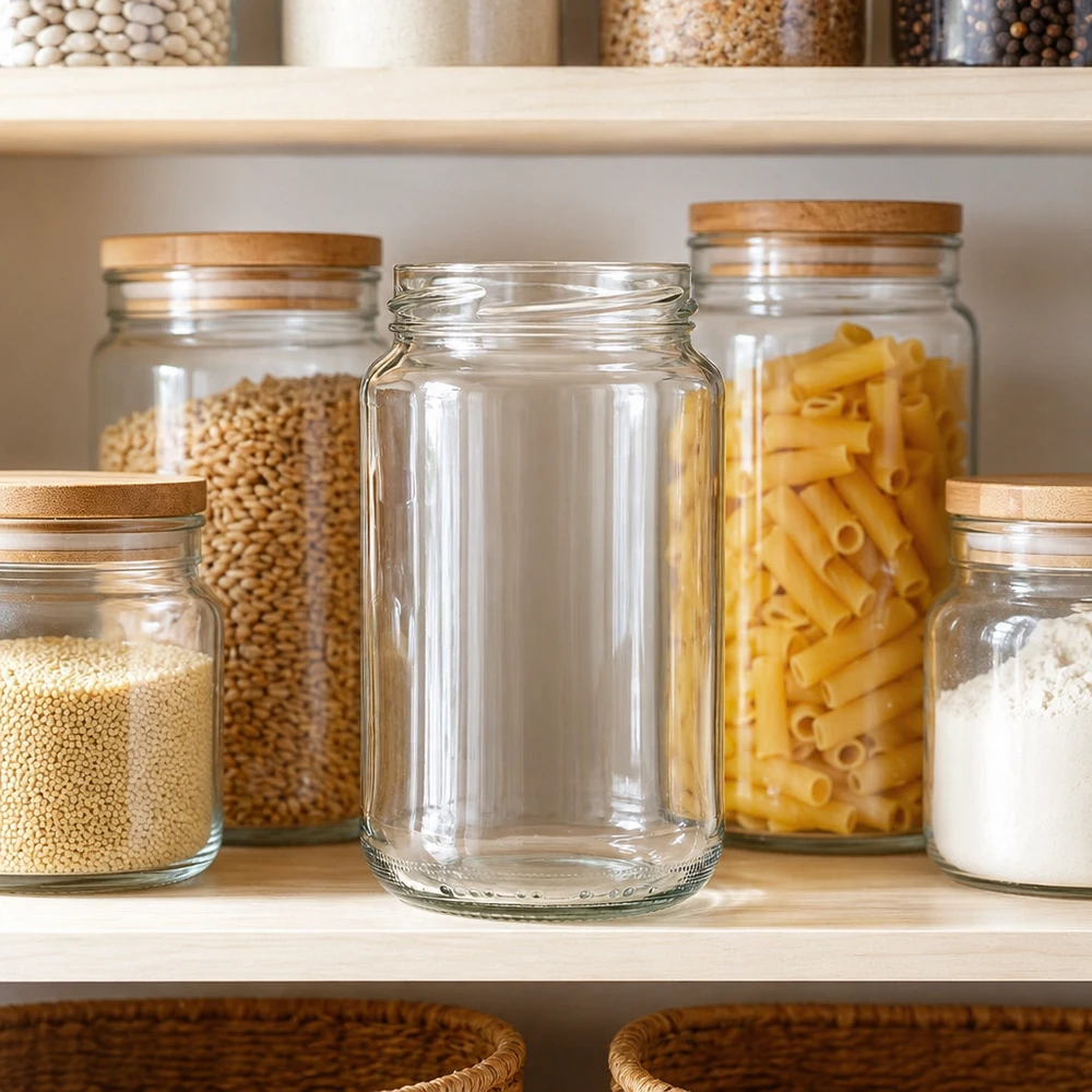 UNiTWIST Runda375 ronde pot 375ml TO63 in een georganiseerde voorraadkast tussen gevulde voorraadpotten met pasta en