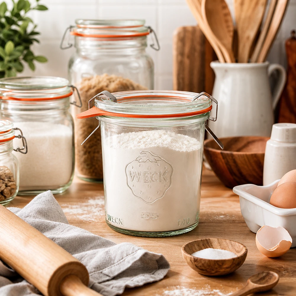 140ml stortglas compleet WECK RR60 WECK 140ml RR60 bekers gevuld met bloem in keuken met bakingrediënten eieren deegroller en houten keukengerei om te bakken