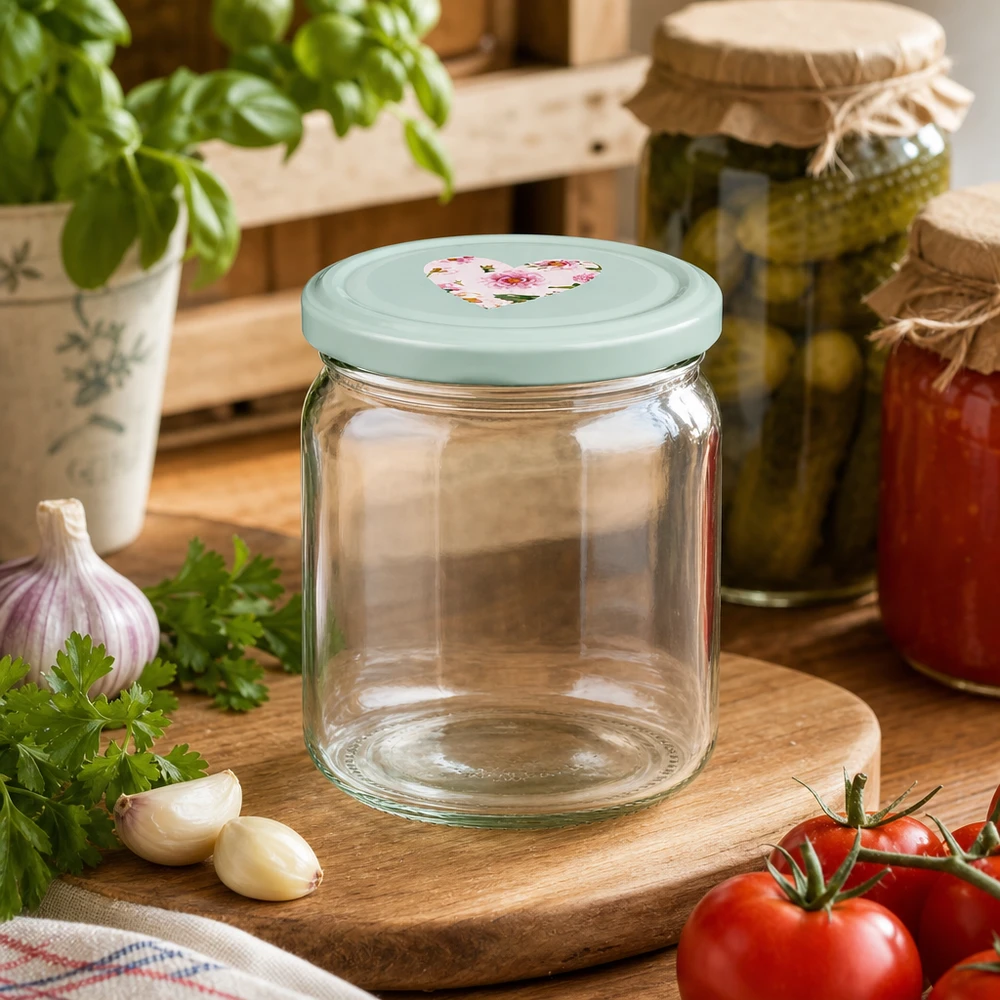 Ronde pot van 408 ml + deksel BasicSeal mint hart UNiTWIST 408ml ronde pot met BasicSeal hart deksel mint leeg op houten plank, keukensfeer met tomaten, kruiden en inmaakpotjes
