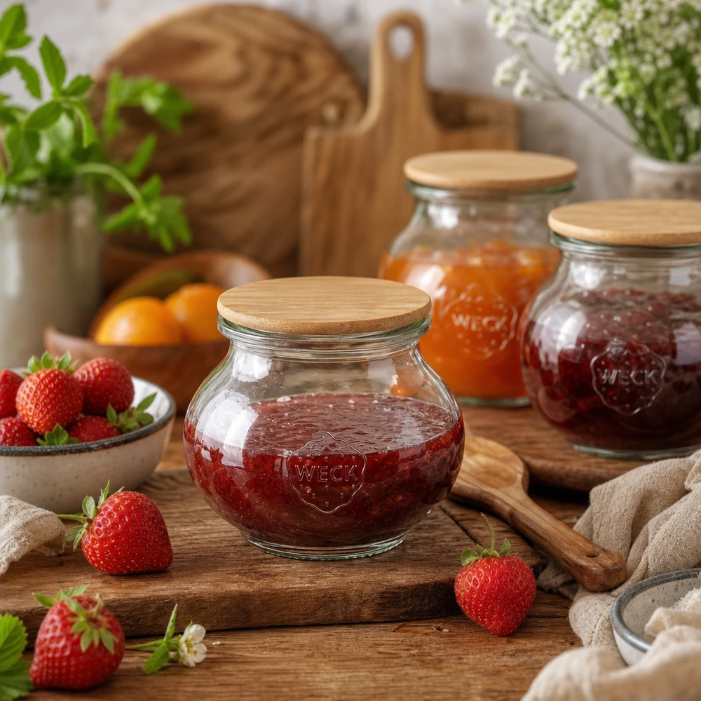 WECK decoratieve potten 220ml RR60 met bamboe deksel gevuld met zelfgemaakte jam gedecoreerd op een rustieke houten tafel