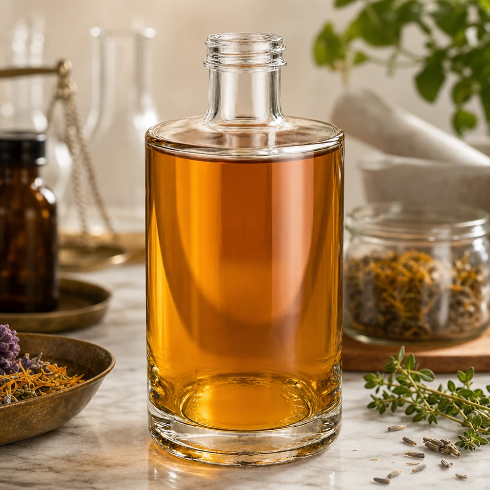 375 ml glazen fles Sam zonder schroefsluiting UNiTWIST® 375 ml glazen fles Sam met amberkleurige vloeistof gearrangeerd in een natuurlijke sfeer met kruiden en specerijen