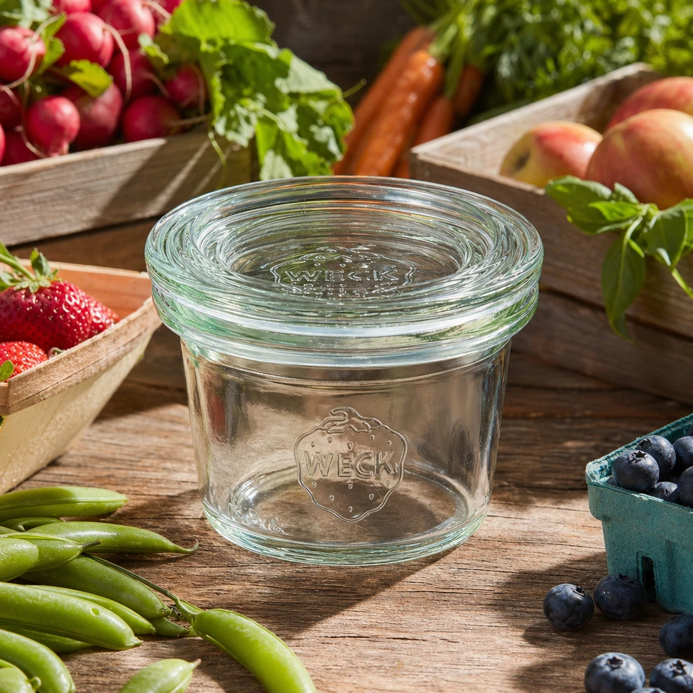 35ml stortglas met glazen deksel WECK RR40 WECK 35ml RR40 lege metselpot met glazen deksel omringd door vers fruit en groenten op een rustieke houten tafel