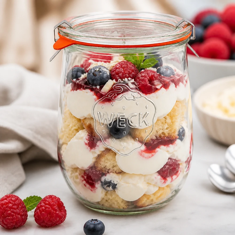 WECK tulpenpot 1062ml RR100 als dessertpot voor trifle met bessen, room en taartbodem in een gelaagd dessert
