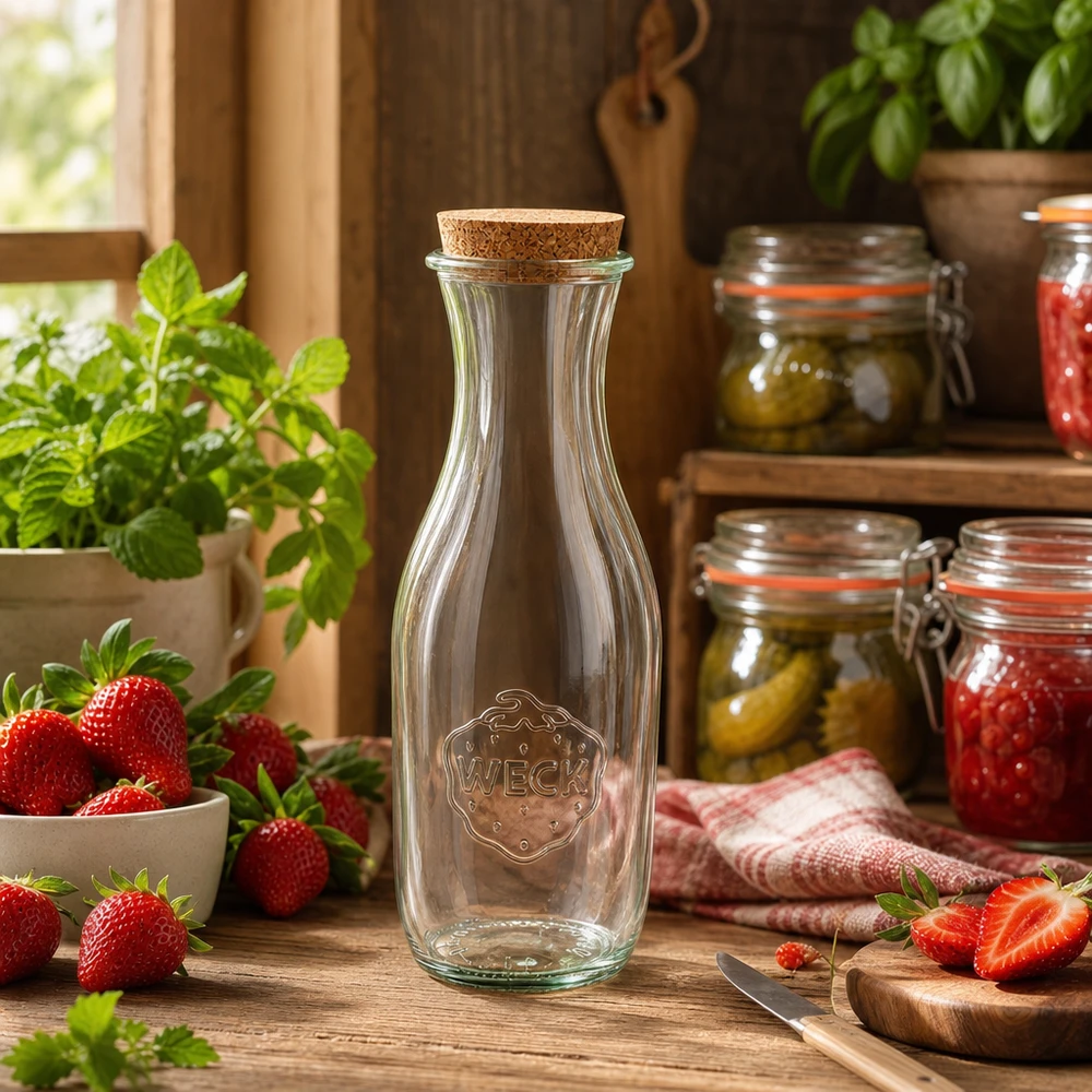 1062ml sapflessen WECK RR60 met kurk WECK glazen fles 1062ml in rustieke keuken decoratief gerangschikt met verse aardbeien en inmaakpotten