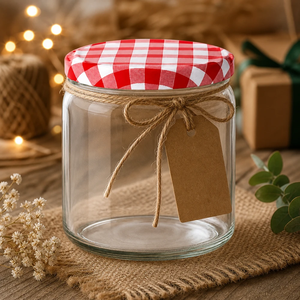 408ml rond glas met BasicSeal deksel rood/wit UNiTWIST 408 ml ronde pot decoratief versierd met jute cadeaulint en kraftpapieren label BasicSeal deksel rood wit geblokt