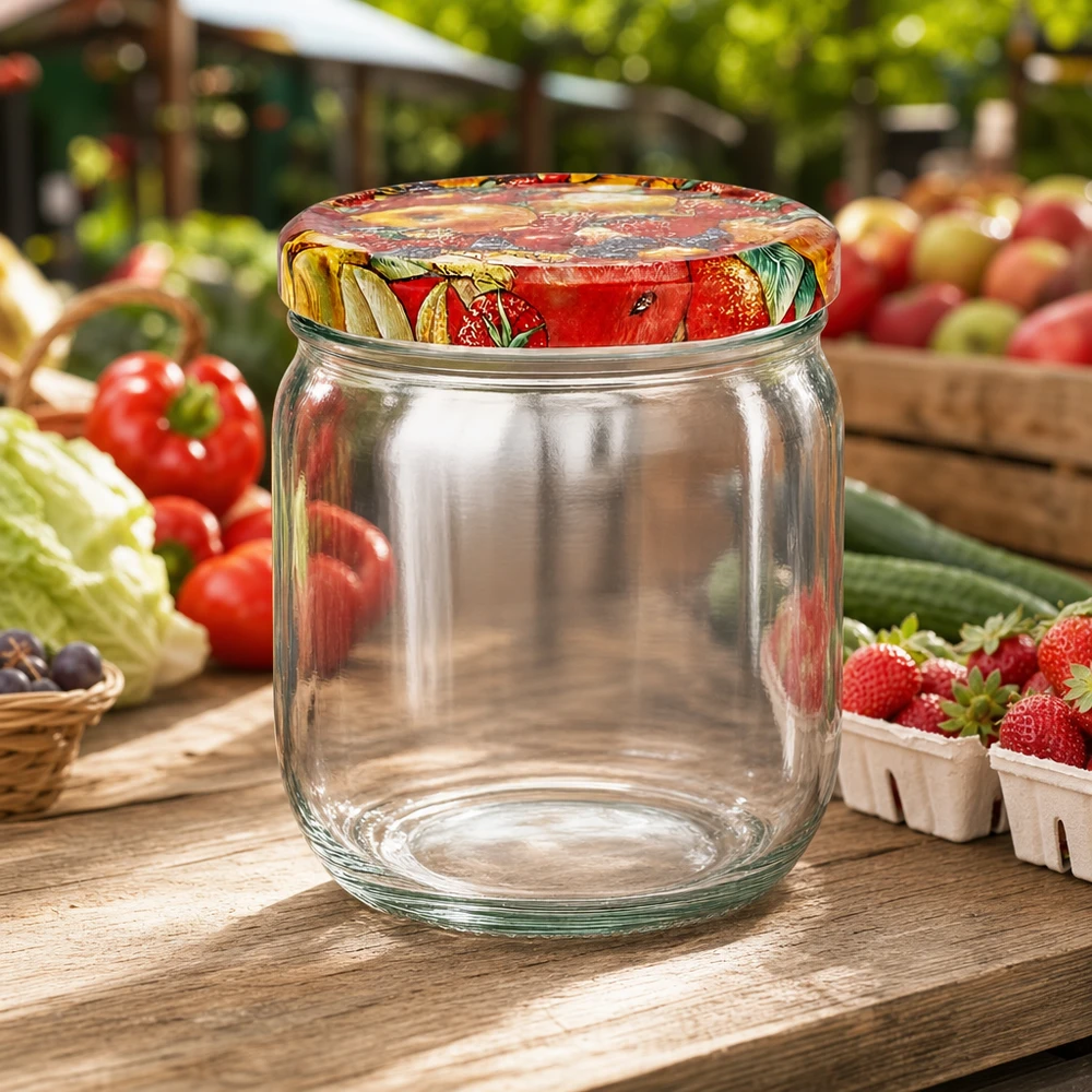 425ml rond glas met BasicSeal deksel Fruit decor UNiTWIST 425ml lege ronde pot met kleurrijke fruitdecoratie BasicSeal deksel op houten tafel tussen vers fruit en groenten bij de marktkraam