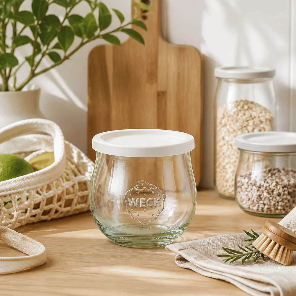 WECK tulpenpot 370ml RR80 decoratief opgevoerd in een natuurlijke keukensfeer met houten keukengerei en voorraadpotten