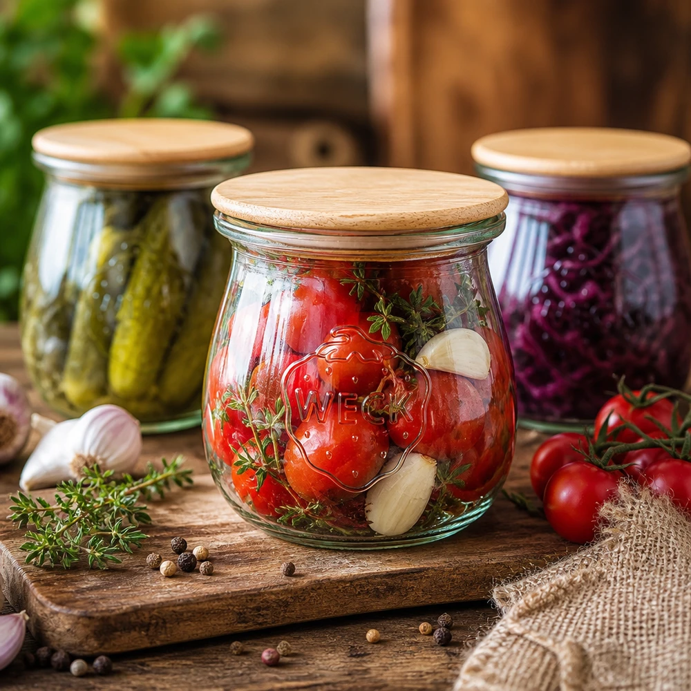 WECK-tulpglas 75ml met deksel WECK tulpenpot RR40 75ml inmaakpot met houten deksel voor ingemaakte tomaten komkommers en rode bieten bewaarpotten