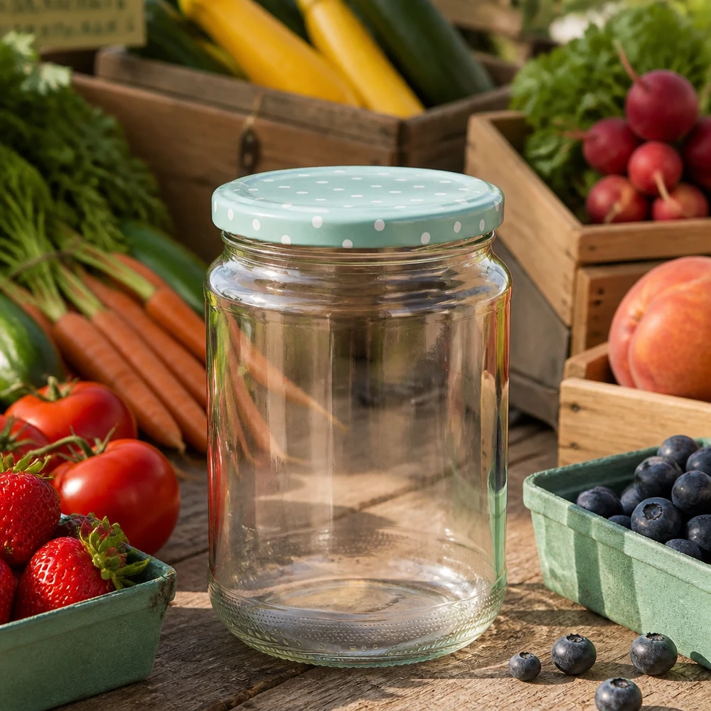 Ronde pot van 375 ml + deksel BasicSeal mint lichtpuntjes UNiTWIST Inmaakpot 375ml leeg met mint deksel witte stippen omringd door vers fruit groenten jam inmaakpot