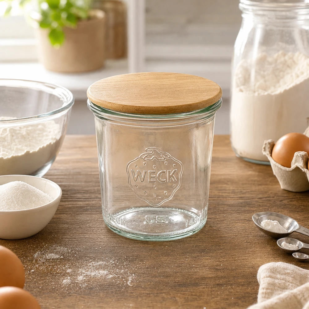 WECK 140ml RR60 mason jar met houten deksel in bakkeuken met bloem, eieren en bakingrediënten voor opslag