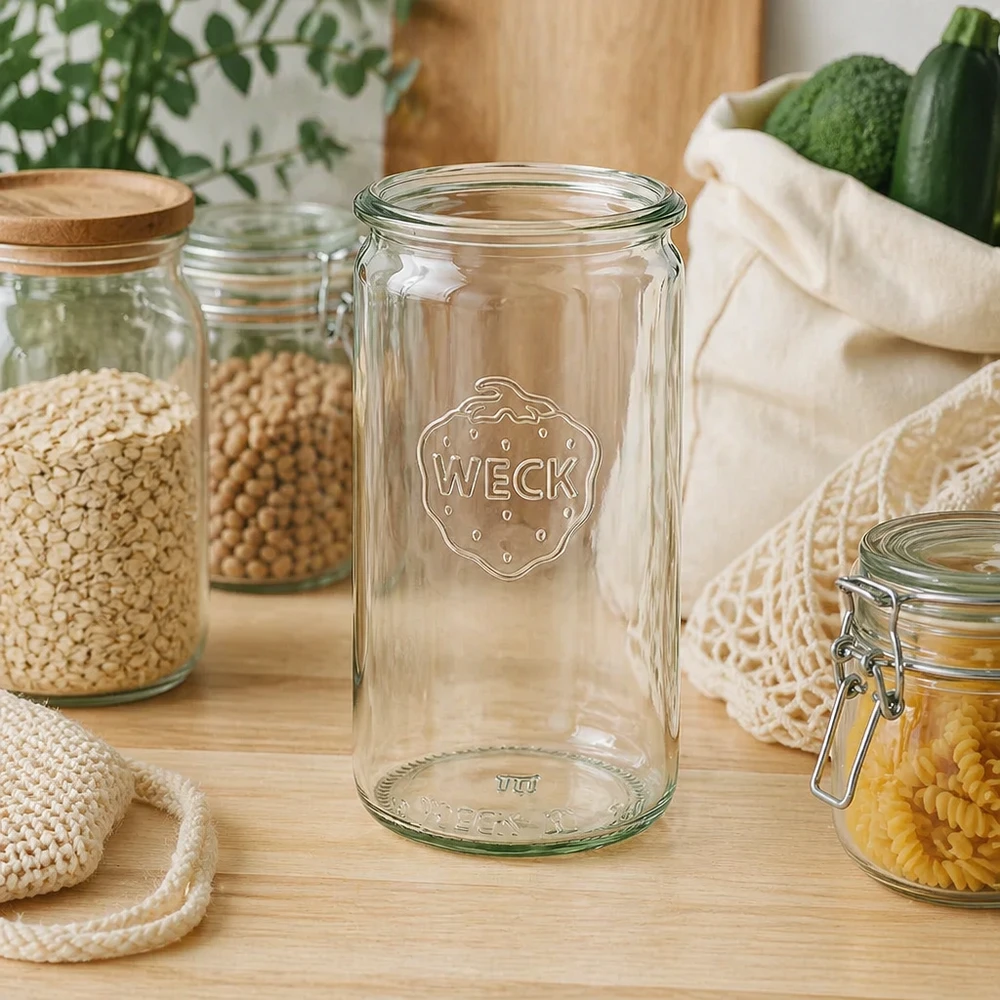WECK RR60 glazen cilinderpot van 340 ml WECK cilinderpot 340ml RR60 in duurzame zero-waste keuken met voorraadpotten en katoenen zakken