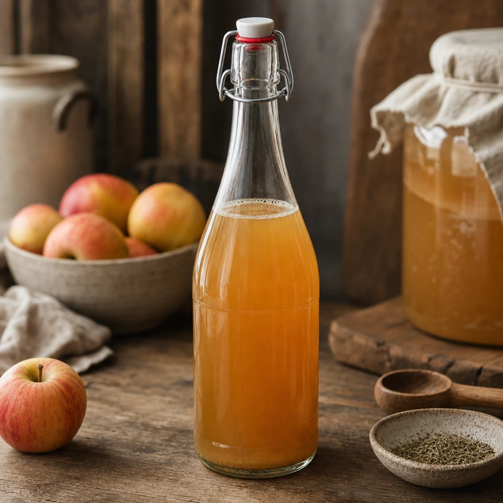 750 ml glazen fles + draaidop PVC UNiTWIST 750ml glazen fles swing top gevuld met appelsap rustiek keuken fruit houten tafel natuurlijk zelfgemaakt