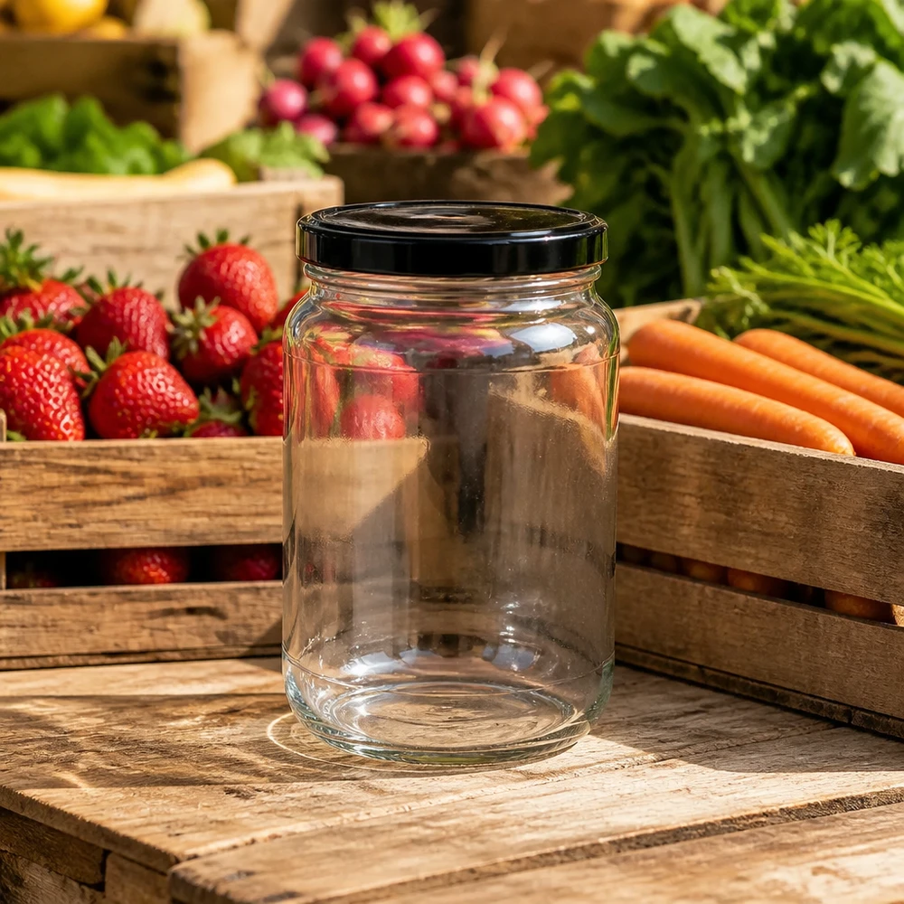 1700ml rond glas met BasicSeal deksel zwart UNiTWIST Lege 1700ml ronde pot BasicSeal deksel zwarte marktkraam verse fruitgroenten inmaakpot