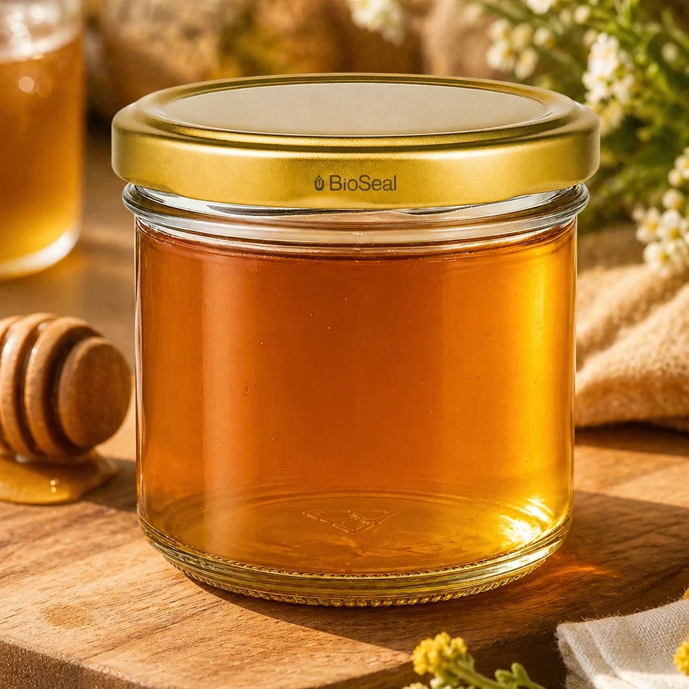 UNiTWIST bekers 125ml gevuld met honing - gouden TO66 BioSeal deksel op houten plank met honinglepel