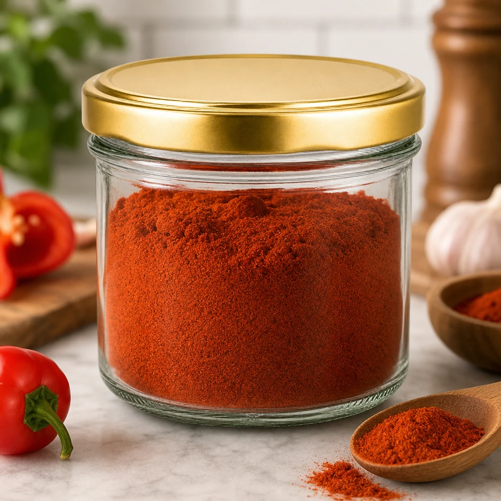 225ml bekers met BasicSeal deksel goud UNiTWIST 225 ml UNiTWIST gouden potje gevuld met rode paprikapoeder in de keuken - kruidenpotje om te bewaren