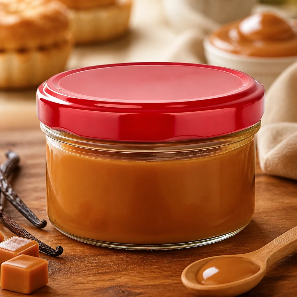 Rond glas van 186 ml + BasicSeal-deksel rood UNiTWIST Doorzichtig rond glazen potje van 186 ml met een rode BasicSeal-deksel, als stijlvolle geschenkverpakking voor smeersels