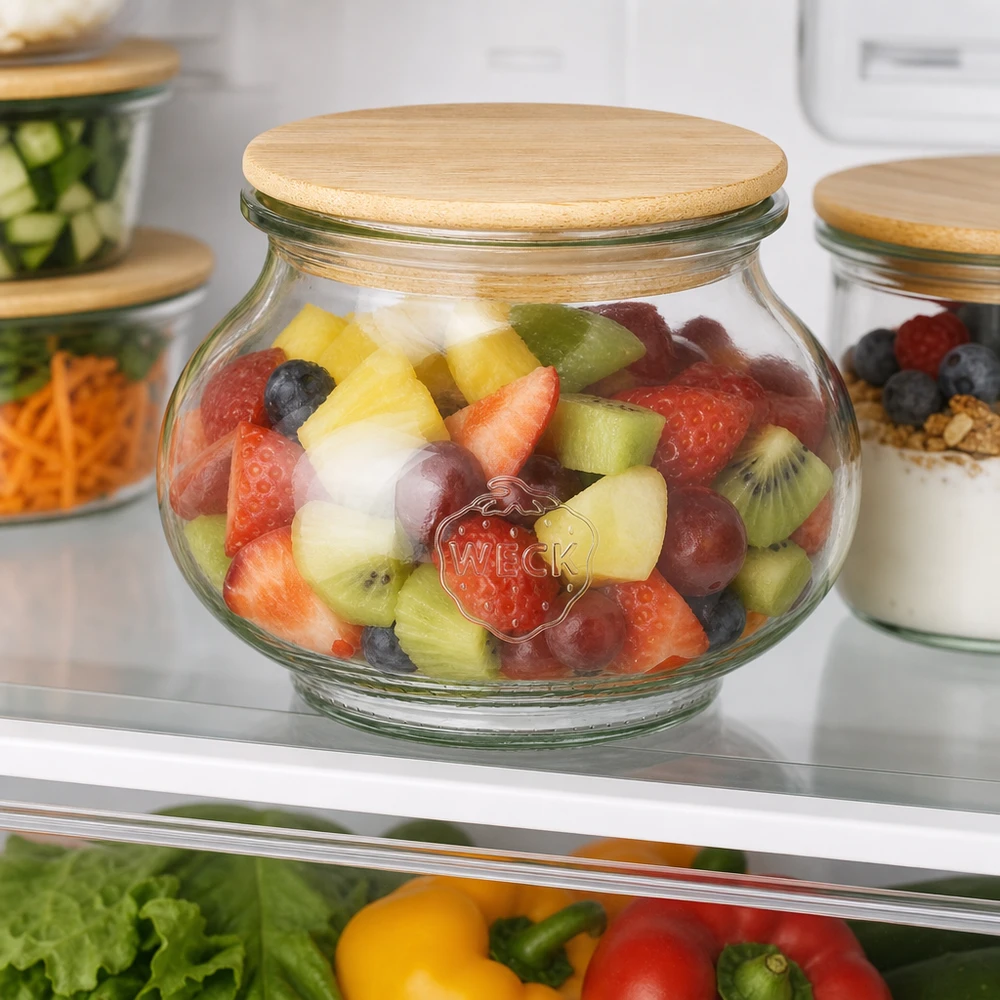 WECK Schmuckglas 220ml RR60 mit Bambusdeckel als Obstsalat-Behälter im Kühlschrank für frische Aufbewahrung