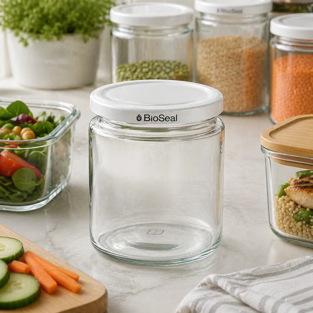 Honingpot 350 g met witte BioSeal UNiTWIST-deksel 250 ml honingpot met wit BioSeal deksel leeg in een moderne keuken tussen voorraadpotten en vers voedsel