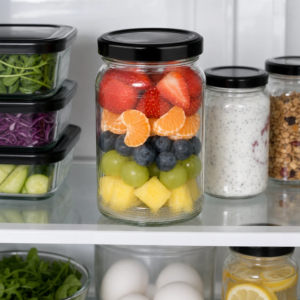 110ml rond glas met BasicSeal deksel zwart UNiTWIST UNiTWIST Rundglas 110ml mit geschichtetem Obstsalat im Kühlschrank neben Vorratsgläsern mit schwarzem TO48 Deckel