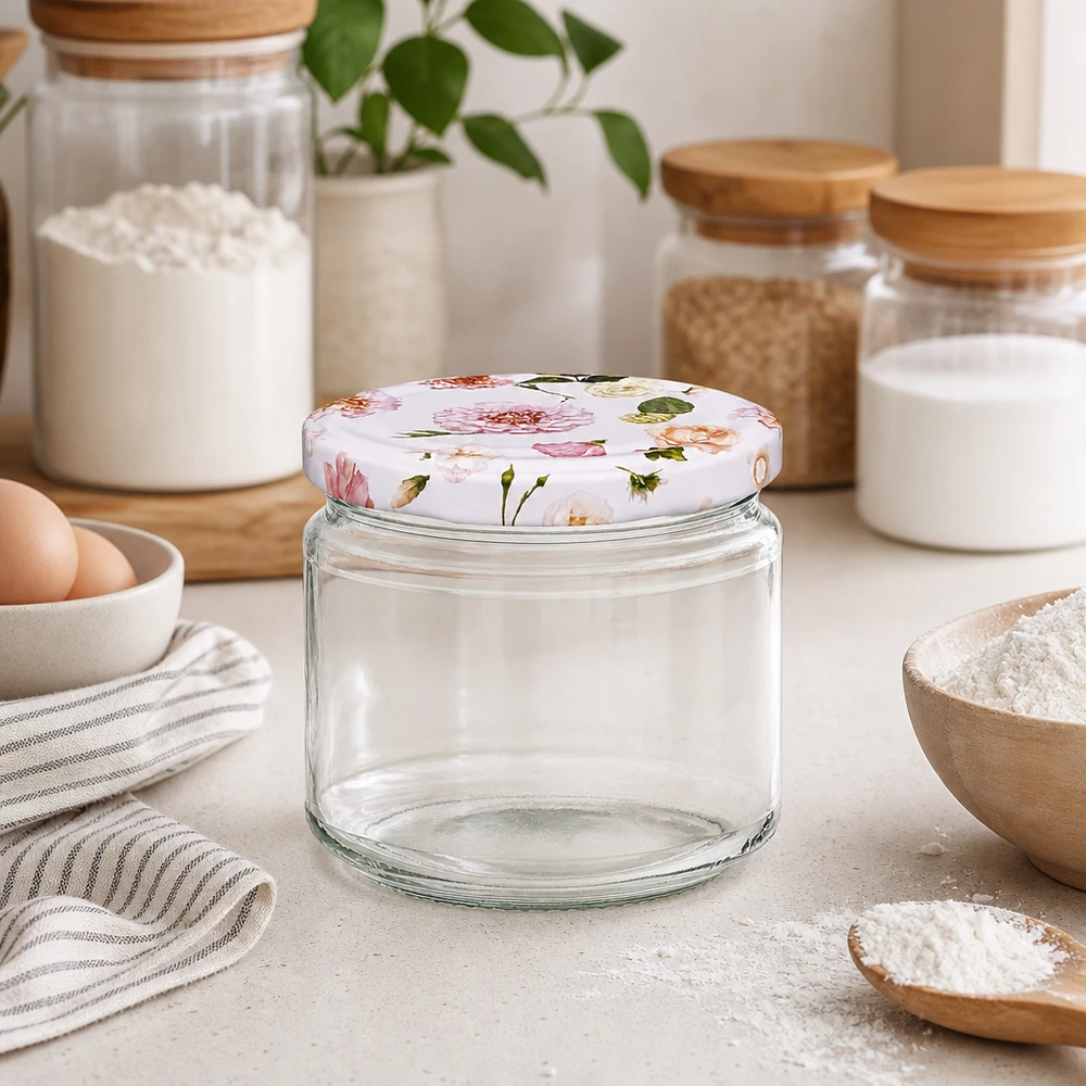 Ronde pot van 330 ml + deksel BasicSeal roze bloem UNiTWIST 330ml ronde pot leeg met roze bloemen BasicSeal deksel in moderne keuken tussen voorraadpotten en bloem