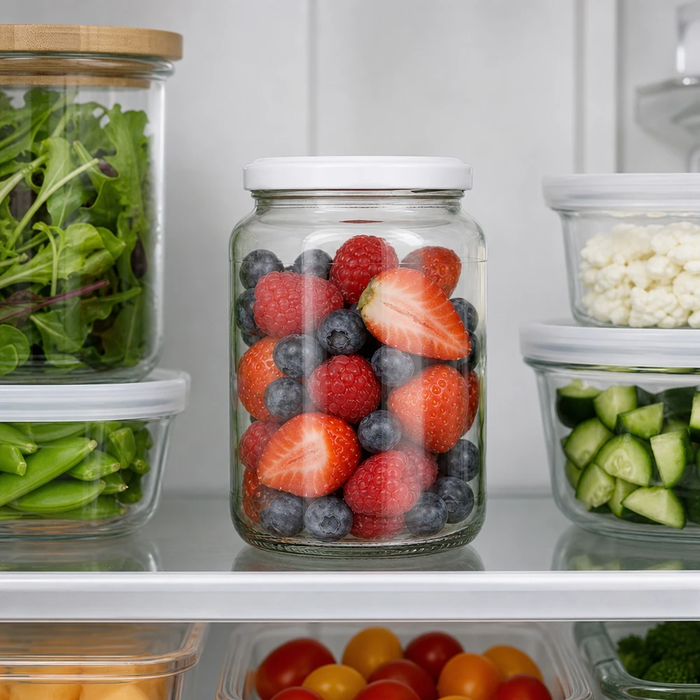 1700ml rond glas met BasicSeal deksel wit UNiTWIST 1700 ml ronde pot met BasicSeal deksel in de koelkast voor het bewaren van verse bessen, fruit en groenten