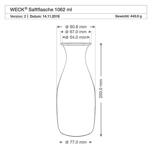 1062ml sapflessen WECK RR60 met kurk Technische tekening WECK sapfles 1062ml RR60 met afmetingen en specificaties voor glazen fles
