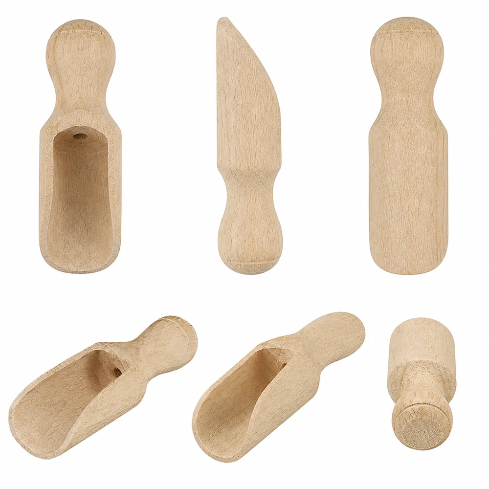 Houten schep maat XS halfronde vorm - 52mm lang Houten schep XS set vanuit verschillende hoeken toont halfronde vorm en vakmanschap gemaakt van natuurlijk hout