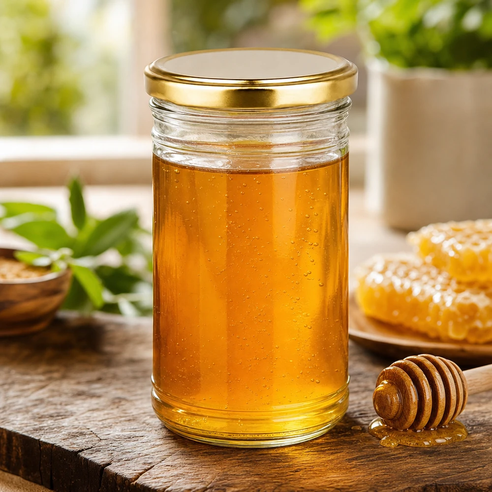1053ml beker met BasicSeal deksel goud UNiTWIST Honing in een potje van 1053 ml met een gouden BasicSeal deksel naast een honingpot en honingraat op een houten tafel