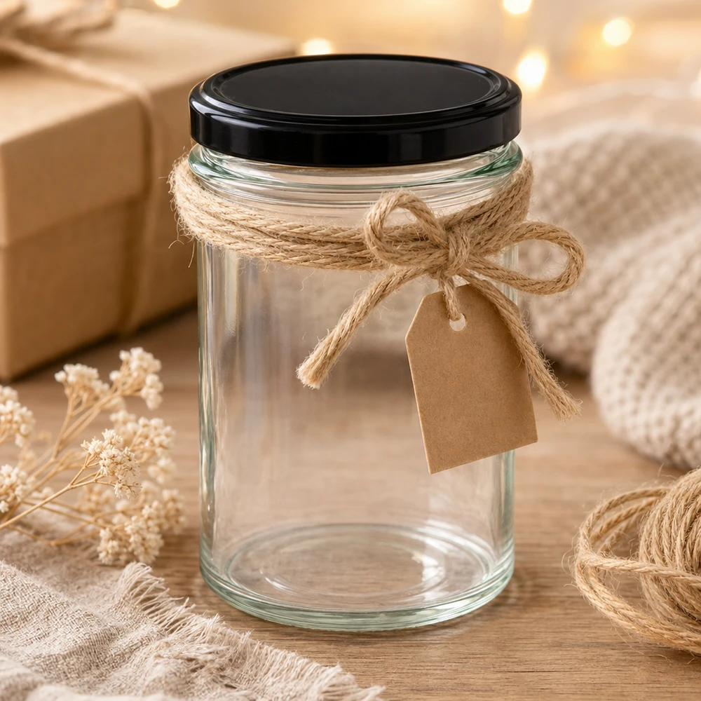 230ml bekers met BasicSeal deksel zwart UNiTWIST 230ml bekers met zwart deksel en jute koord cadeauverpakking rustieke decoratie knutselproject