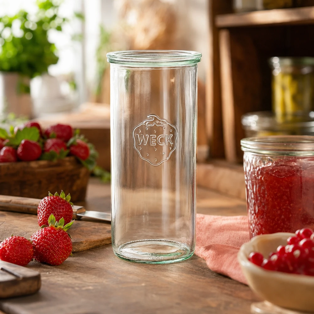 1500ml stortglas met glazen deksel WECK RR100 WECK RR100 bekers van 1500 ml in een rustieke keuken met verse aardbeien en jam als decoratie