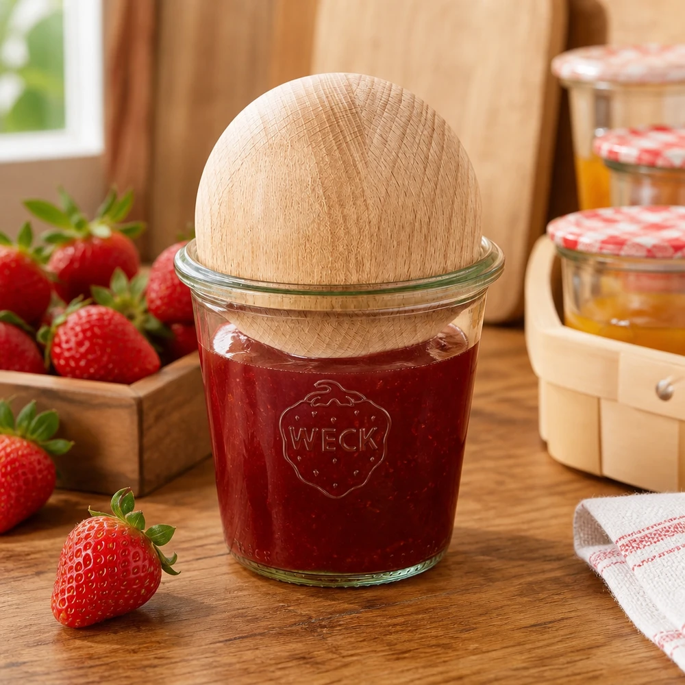 290ml stortglas hoge WECK RR80 met houten bal WECK inmaakpot 290ml RR80 gevuld met aardbeienjam en houten kogelstop van beukenhout in de keuken
