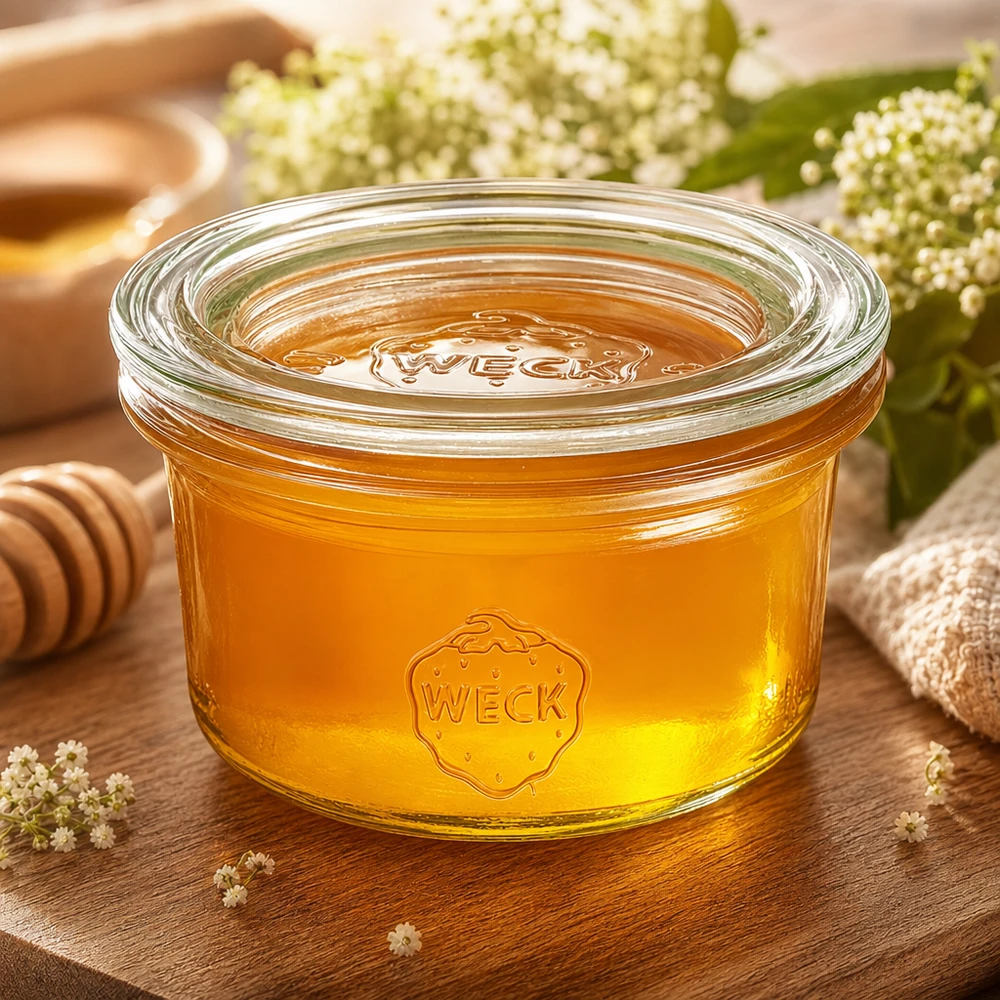 50ml stortglas met glazen deksel WECK RR60 WECK bekers 50ml gevuld met honing naast honinglepel en bloemen natuurlijk gepresenteerd op een rustieke houten tafel
