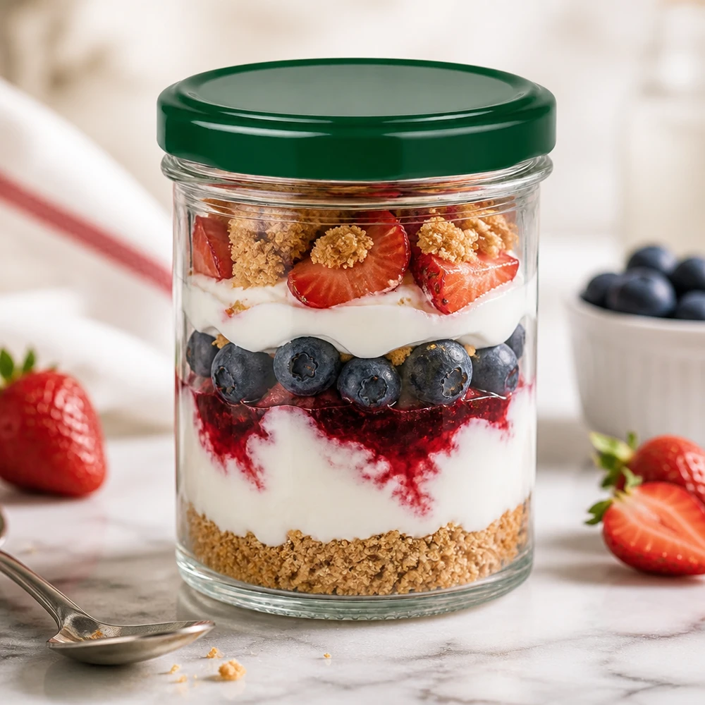 350ml bekers met BasicSeal deksel groen UNiTWIST 350 ml UNiTWIST bekers met groen deksel als dessertpot voor gelaagde desserts met bessen, yoghurt en koekkruimels