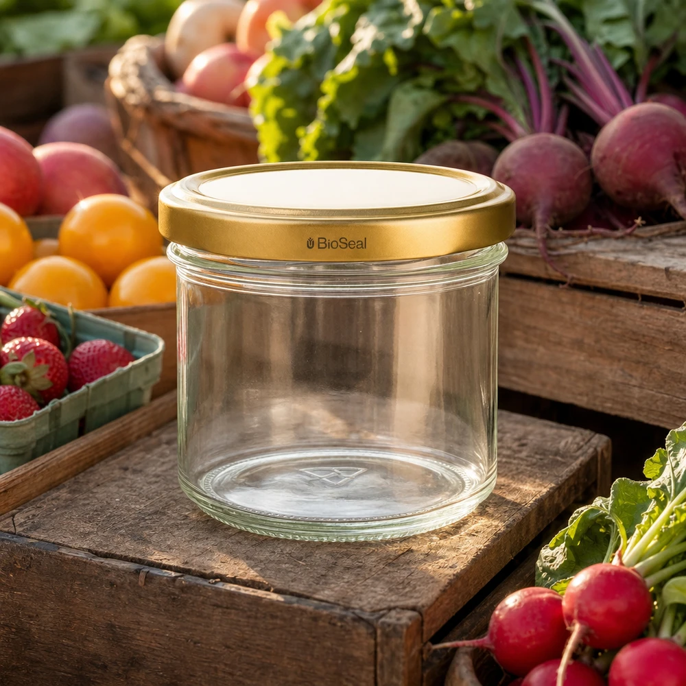 UNiTWIST 125ml Einmachglas leer mit goldenem TO66 Deckel - umgeben von frischem Gemüse und Obst auf Holzbrett