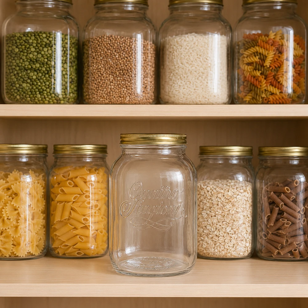 3000 ml rond glas "Quattro Stagioni" met deksel 3000 ml Quattro Stagioni pot in georganiseerde opbergkast met pasta rijst en peulvruchten toont praktische opbergruimte.