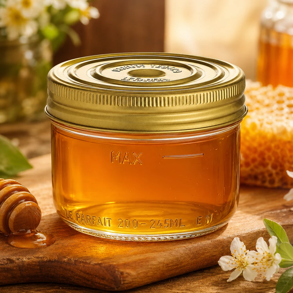 Le Parfait® Familia Wiss 200 g Ø82 mm pot 245ml Familia Wiss bekers met gouden deksel gevuld met honing op een houten plank met honinglepel en bloemen