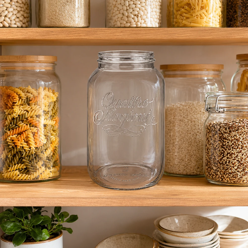 Quattro Stagioni huishoudpot 3800ml leeg in keuken tussen gevulde voorraadpotten op houten plank