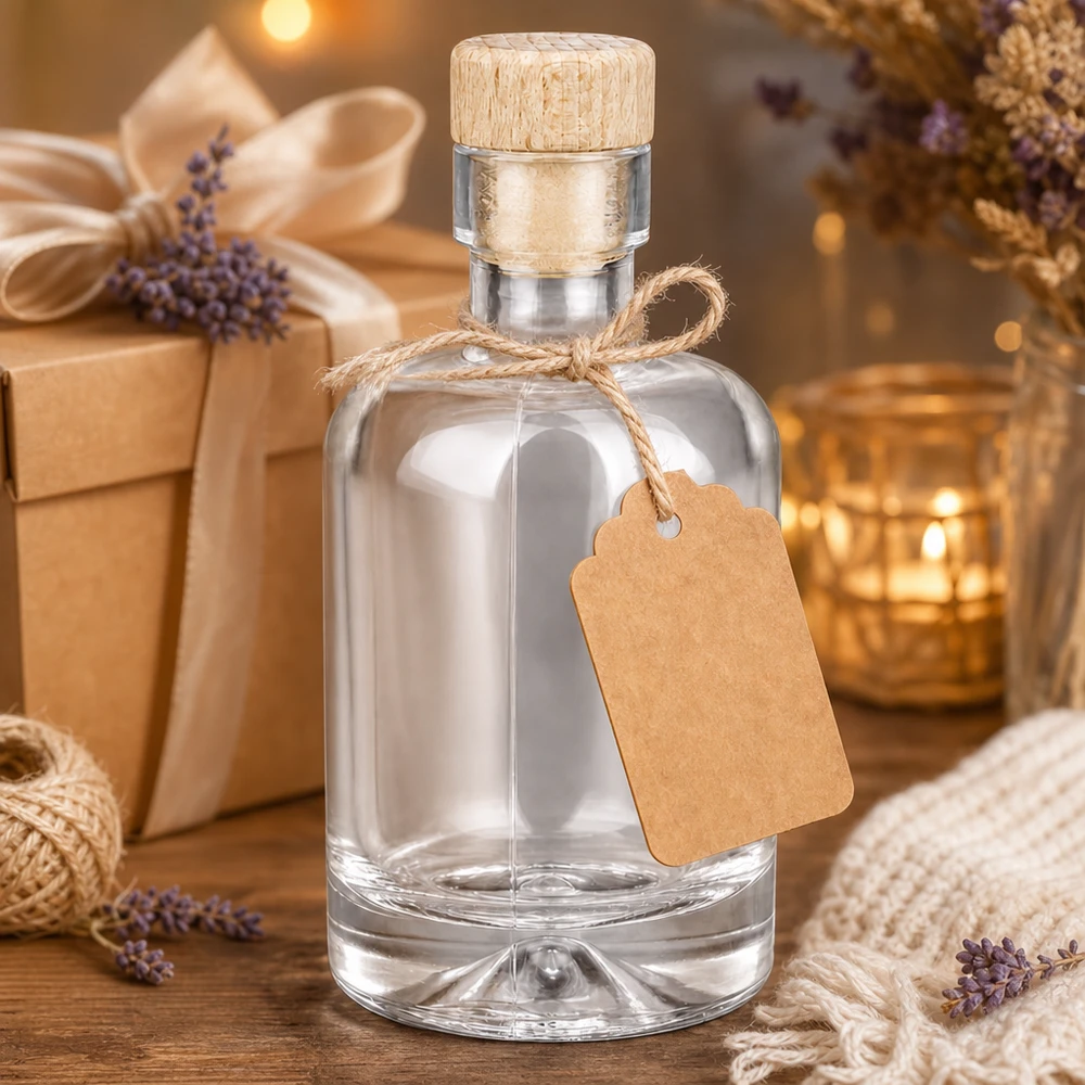 50 ml glazen fles Amelie met houten handgreep UNiTWIST 50 ml glazen fles Amelie als geschenkset versierd met hanger van lavendel kraftpapier en warm kaarslicht
