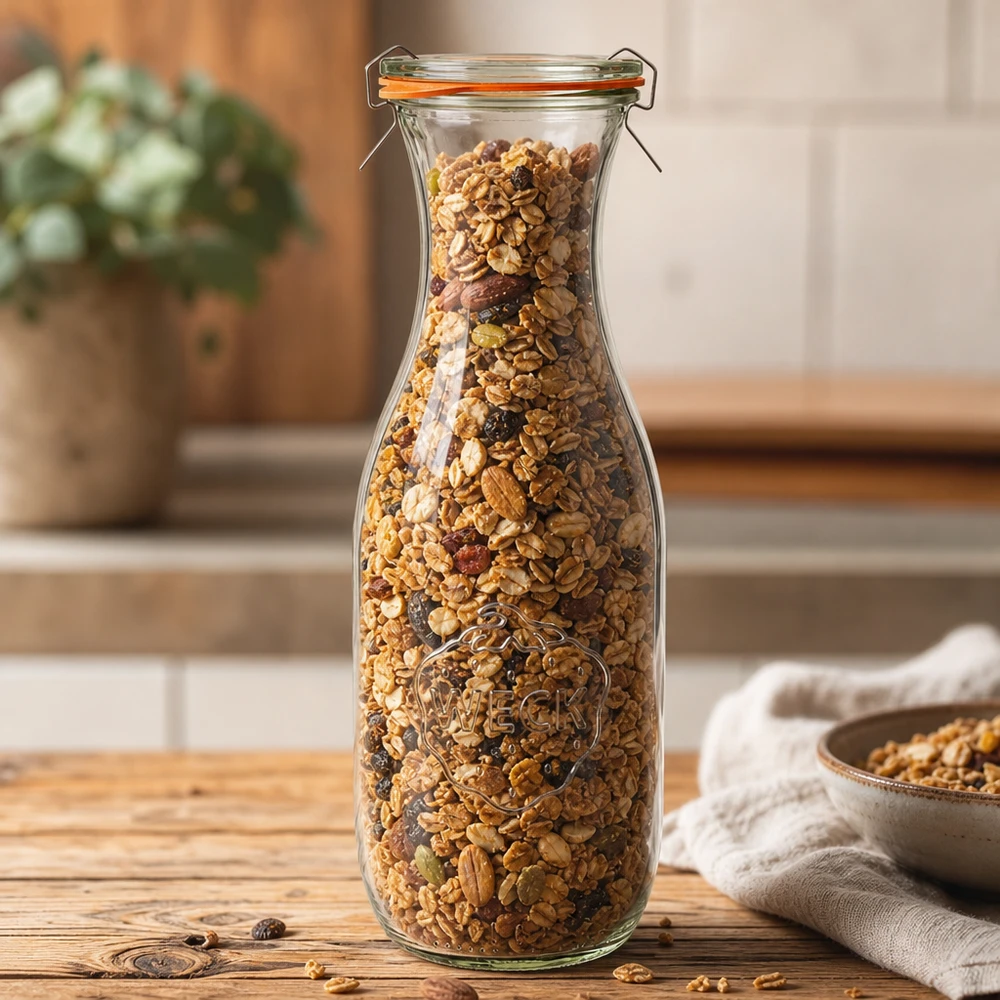 1062 ml sapfles, compleet WECK RR60 WECK sapfles 1062ml RR60 gevuld met muesli noten gepresenteerd als voorraadpot in een warme keukensfeer
