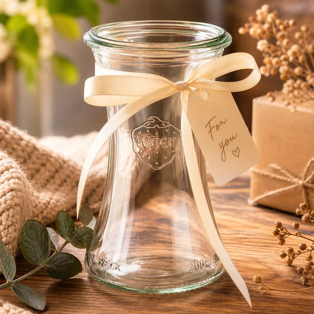 WECK RR60 delicatessenpot 200ml met crèmekleurige strik en cadeaulabel als geschenkverpakking op hout
