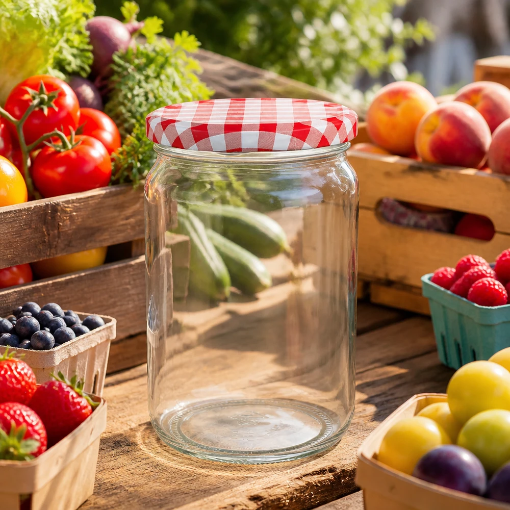 795ml rond glas met BasicSeal deksel rood/wit UNiTWIST 795ml ronde pot met rood en wit geblokt deksel tussen vers fruit en groenten op een houten tafel in de tuin