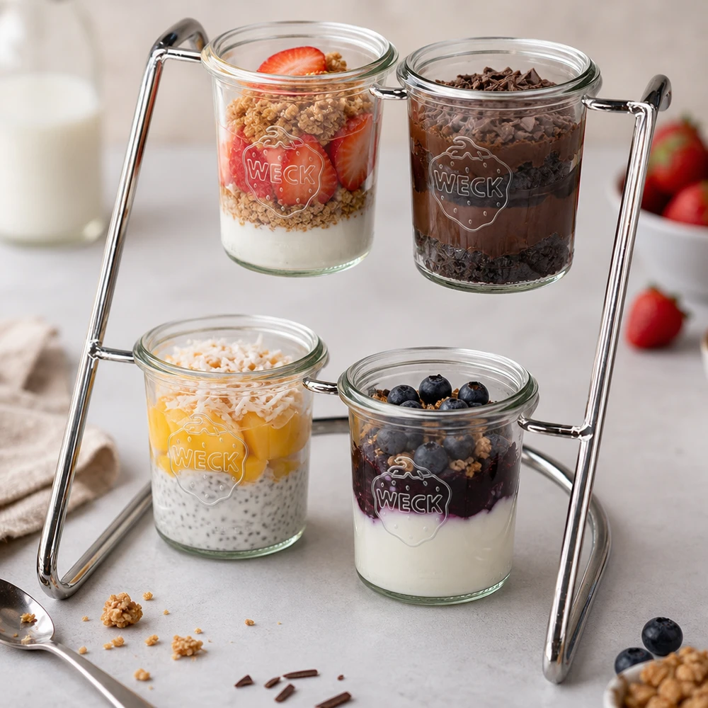 Flato4 serveerrek met kleurrijke desserts in WECK potjes - yoghurt, bessen en granola smakelijk gepresenteerd