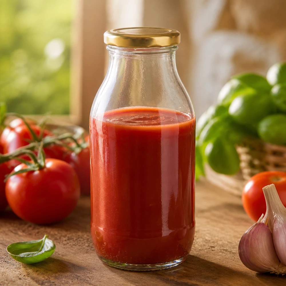 Glazen fles van 250 ml + BasicSeal-deksel goud UNiTWIST Rustieke UNiTWIST-glazen fles van 250 ml met BasicSeal-gouden dop en tomatensaus op een houten ondergrond
