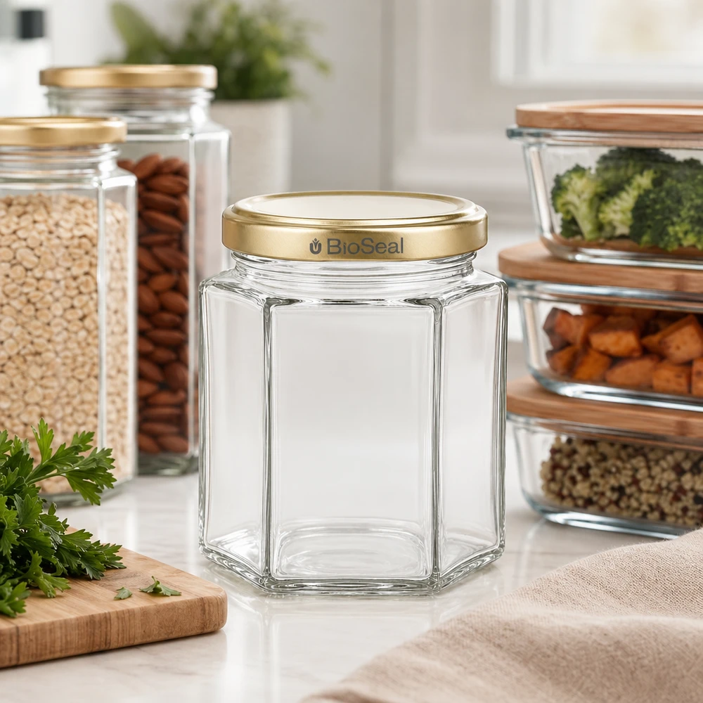 Honingpot 250 g met gouden BioSeal UNiTWIST-deksel 250g honingpot zeshoekig leeg BioSeal goud deksel moderne keuken met voorraadpotten noten groenten kruiden
