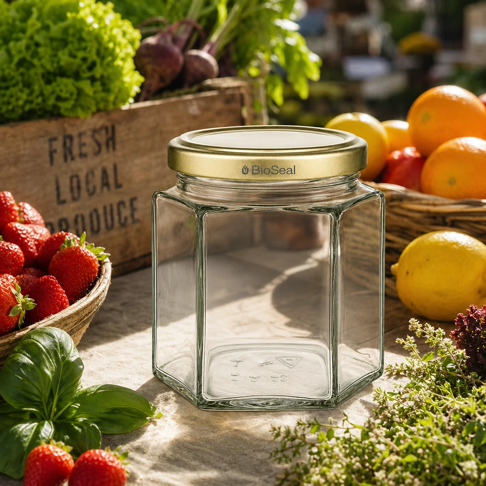 Honingpot 520 g met gouden BioSeal UNiTWIST-deksel Leeres 520g BioSeal Honigglas hexagonal mit Golddeckel zwischen frischen Erdbeeren und Gemüse auf Holztisch