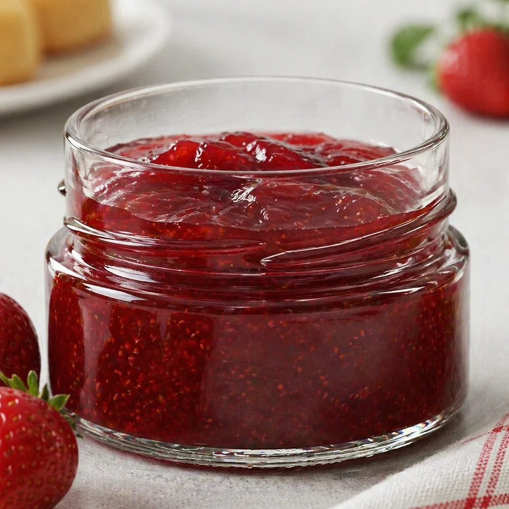 80ml rond glas zonder deksel (TO58deep) UNiTWIST UNiTWIST Runda80 ronde pot 80ml gevuld met rode aardbeienjam, TO58deksel, glazen jampot